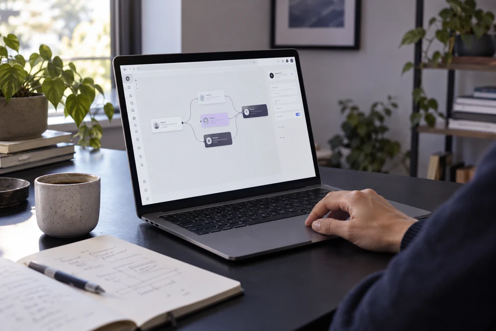 A visual automation workflow on a studio laptop